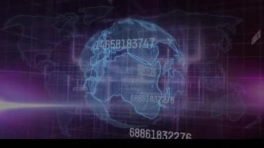 Animation of globe with numbers on futuristic digital interface. Digital composite, artificial intelligence, global communication, technology, finance, networking, data processing.