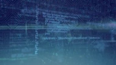 Animation of data processing with hud elements on digital interface. Digital composite, artificial intelligence, communication, cloud computing, technology, coding.