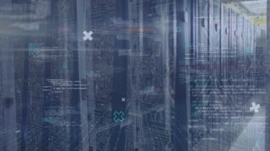 Animation of data processing and microprocessor connections over computer server room. Computer interface and business data storage technology concept
