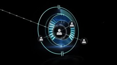 Animation of network of connections with icons over scope scanning on black background. Global technology, connections and digital interface concept digitally generated video.