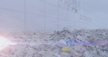 Animation of grid pattern with graphs moving and birds flying over garbage at landfill. Digital composite, multiple exposure, infographic, recycling, pollution, waste management, conservation.
