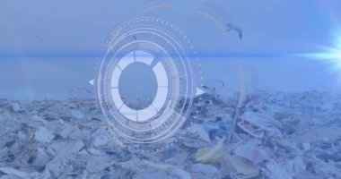 Animation of digital scanner with interface and birds flying over junkyard against clear sky. Digital composite, multiple exposure, infographic, recycling, pollution, waste management, conservation.