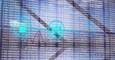 Animation of financial data processing and network of connections with icons over cityscape. Global business, finances and digital interface concept digitally generated video.