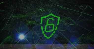 Animation of padlock icon over glowing squares on black background. Global technology, online security and digital interface concept digitally generated video.