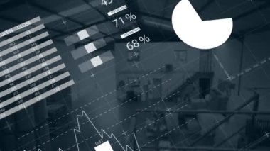 Animation of financial data with graph, charts on digital interface against office interior. Digital composite, communication, technology, finance, economy, development, business.
