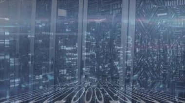 Animation of mosaic squares and binary coding against microprocessor connections over server room. Computer interface and business data storage technology concept