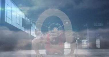 Havaalanındaki iş adamları üzerindeki bağlantı ağının animasyonu. Küresel bağlantılar eğitim teknolojisi ve dijital arayüz konsepti dijital olarak oluşturulmuş video.