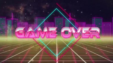 Animation of game over text digital city on black background. Global social media, technology and digital interface concept digitally generated video.