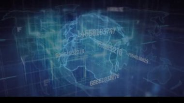 Animation of globe with world map, numbers on futuristic digital interface. Digital composite, artificial intelligence, global communication, technology, finance, connect the dots, data processing.