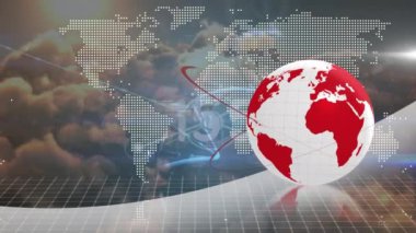 Animation of globe with network of connections, data processing and dna strand over sky with clouds. Global technology, computing and digital interface concept digitally generated video.