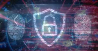 Animation of padlock icon with fingerprints over data processing on black background. Global technology, online security and digital interface concept digitally generated video.