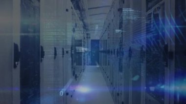 Animation of light spot and data processing against computer server room. Computer interface and business data storage technology concept