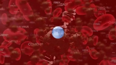 Animation of globe rotating amidst coronavirus text and cells over dna helix. Digitally generated, illustration, globalization, micro organism, pandemic, abstract, bacterium, healthcare and medical.