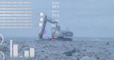 Animation of multiple graphs and data moving over bulldozer and garbage at landfill. Digital composite, multiple exposure, infographic, recycling, pollution, waste management, conservation.