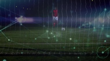 Veri işleme ve bağlantı ağı üzerinden noktaların animasyonu. Küresel spor yarışması veri işleme kavramı dijital olarak oluşturulmuş video bağlantıları.