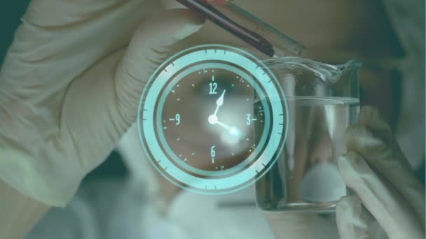 Animation Neon Ticking Clock Caucasian Female Scientist Working Laboratory Medical — Stockvideo