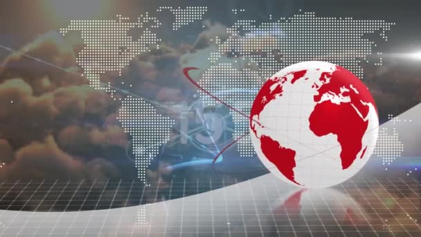 Анімація Глобусу Мережею Єднань Обробки Даних Днр Потоку Над Небом — стокове відео
