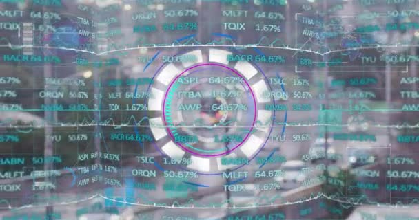 Анімація Сканування Масштабів Фондового Ринку Над Міським Пейзажем Глобальний Бізнес — стокове відео