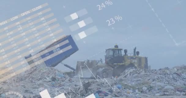 Animation Multiple Graphs Database Moving Bulldozer Unloading Junk Landfill Digital — Stockvideo