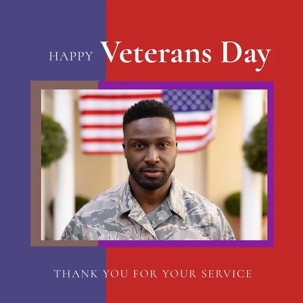 Composition of happy veterans day text over african american male soldier. Veterans day and celebration concept digitally generated image.