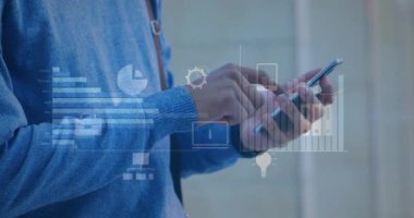 Animation of flare with graphs and computer icons over midsection of man using smartphone. Digital composite, multiple exposure, database, communication, futuristic and technology concept.