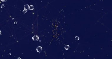 Animation of bubbles floating over network of connections against blue background. Global networking and business technology concept