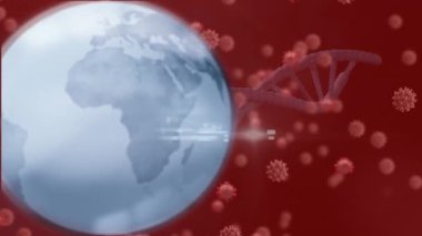 Animation of earth and gna helix rotating amidst biological cells over brown background. Digitally generated, illustration, globalization, molecule, genetic, bacterium, healthcare and medical.