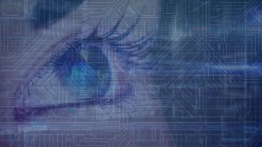 Animation of caucasian woman eye with data processing, hud elements on digital interface. Digital composite, artificial intelligence, technology, coding, analysis, scanning.