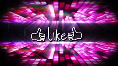 Animation of like text with icons over moving columns on black background. Global social media and digital interface concept digitally generated video.