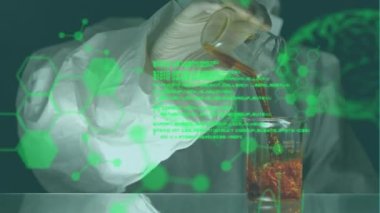 Animation of medical data processing over mid section of scientist working at laboratory. Medical research and science technology concept