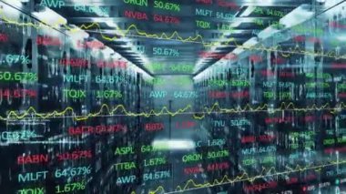 Animation of stock market and data processing over server room. Global technology, computing and digital interface concept digitally generated video.