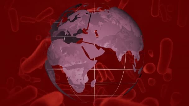 Animation Globe Rotating Biological Cells Floating Red Background Digitally Generated — 图库视频影像