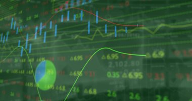 Image of financial data processing with graph on green background. Global business, finances and digital interface concept digitally generated image.