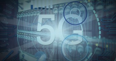 Image of 5g text banner and round scanners over close up of a computer server. Global networking and business data storage technology concept