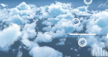 Bulutların üzerinde işlenen veri görüntüsü. Küresel iş ve dijital arayüz kavramı dijital olarak oluşturulmuş görüntü.