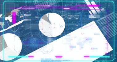 Image of moving graphs, dna helix, map and programming data over graphical infographic interface. Hologram, digitally generated, multiple exposure, code, genetic, futuristic, technology.