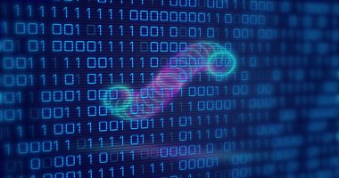 Image of circles over binary code on navy background. Global network, data processing and technology concept digitally generated image.