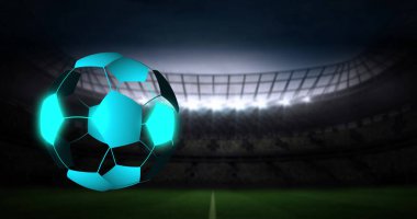 Image of digital football over stadium. Global sport, technology and digital interface concept digitally generated image.
