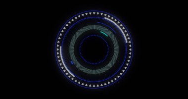 Image of round scanner over stock market data processing against blue background. Global economy and business technology concept