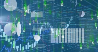 Image of graphs, data and binary code on blue background. Finance, economy and technology concept digitally generated image.