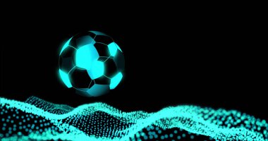 Image of digital football over blue spots on black background. Global sport, technology and digital interface concept digitally generated image.