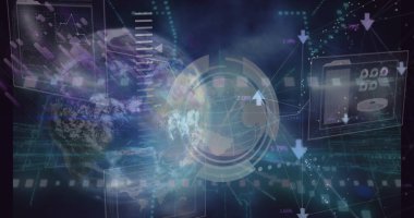 Image of data processing over globe and network of connections on black background. Global technology, online security and digital interface concept digitally generated image.