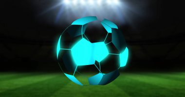 Image of digital football over stadium. Global sport, technology and digital interface concept digitally generated image.