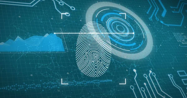 Image of biometric fingerprint scanner over interface with data processing on blue background. Cyber security and computer interface technology concept
