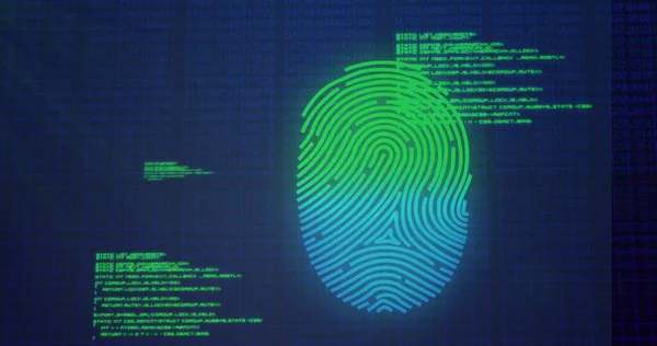 Image of data processing over fingerprint icon on blue background. Global technology, online security and digital interface concept digitally generated image.