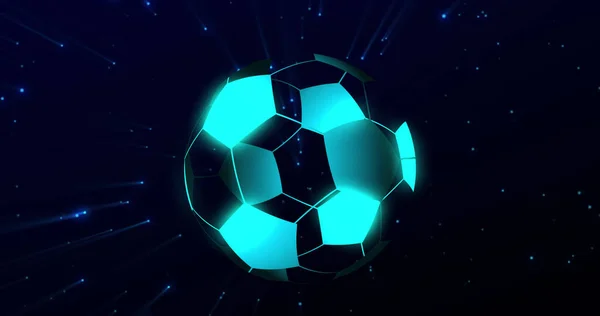 Image of digital football over blue spots on black background. Global sport, technology and digital interface concept digitally generated image.