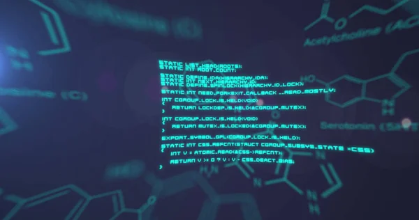 Image of chemical structures and data processing against blue background. Medical research and science technology concept