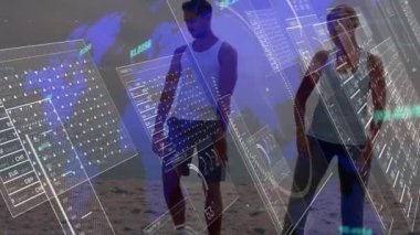 Dünya haritası üzerinde veri işleme animasyonu ve egzersiz yapan beyaz bir çift. Küresel iş ve dijital arayüz kavramı dijital olarak oluşturulmuş video.
