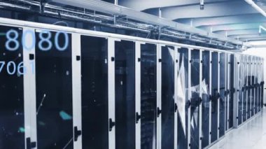 Animation of multiple changing numbers against plexus network over computer server room. Business data storage technology concept