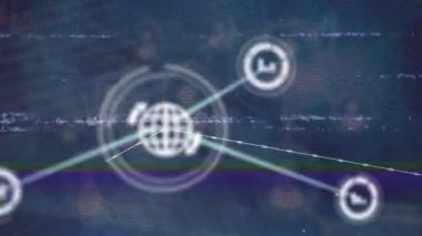 Animation of vhs glitch effect over network of digital icons and data processing on blue background. Global networking and business technology concept